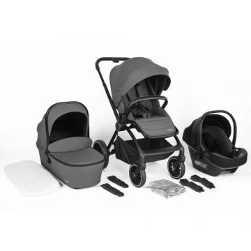 Carucior 3 in 1 BabyGo Harmony Grey, cu maner reglabil pe inaltime, 0 - 36 luni (Negru/Gri)