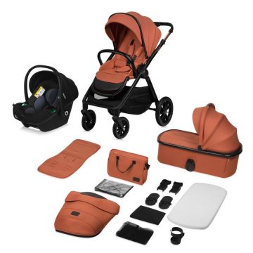 Carucior 3 in 1, Lionelo, Layla, Pana la 22 kg, Cadru aluminiu, Cu landou intarit si salteluta din spuma AirDots, Cu scoica auto testata ADAC, Reversibil, Cu ventilatie 3D, Cu accesorii, EN1888-1, EN1888-2, EN1466, Maro