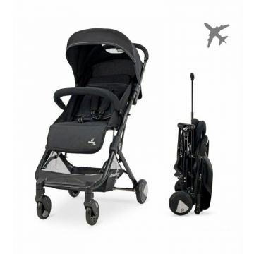 Carucior sport, Asalvo, Flight, Pliabil, Potrivit pentru calatoriile cu avionul, Pana la 15 kg, Cadru din otel, Greutate redusa 6,6 kg, Spatar si suport pentru picioare reglabile, Capotina XXL, Cos depozitare, 0 luni+, Black